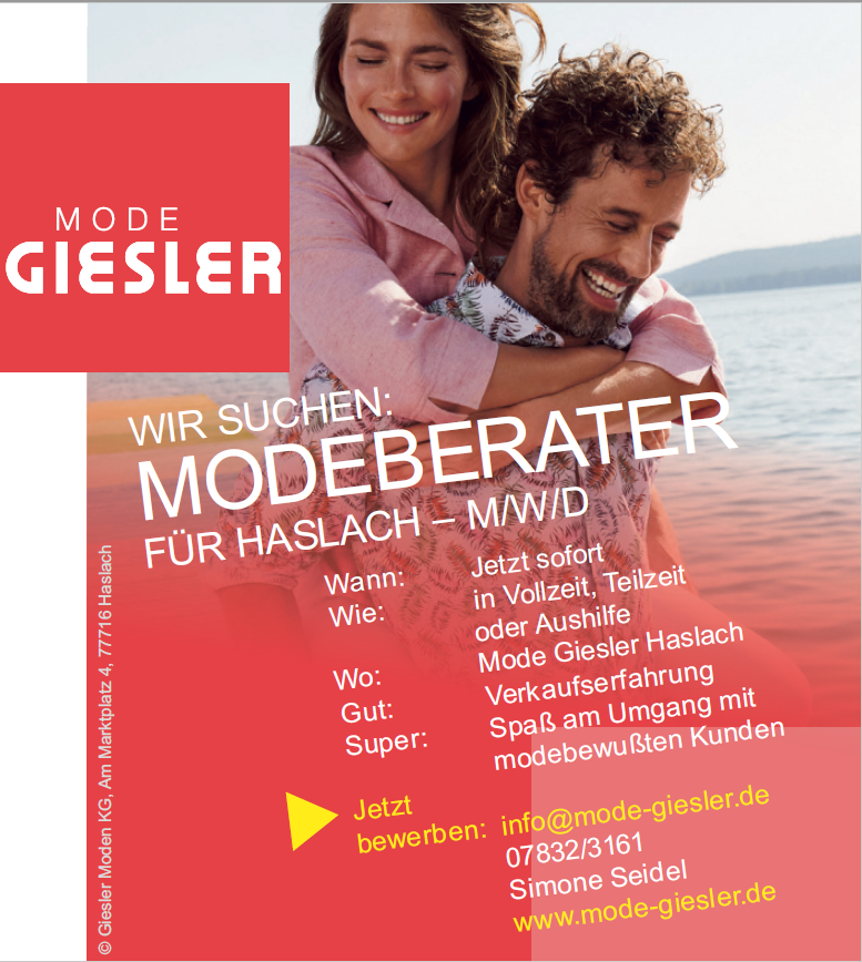 Mode Giesler Haslach Modeberater (m/w/d) gesucht Mode Giesler Haslach Modeberater (m/w/d) gesucht