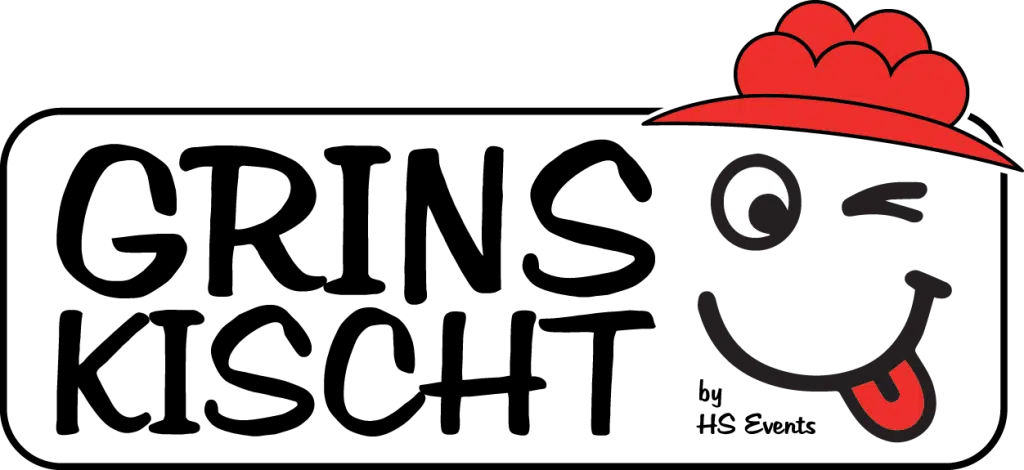 Logo von Grins Kischt mit verspieltem, fettem Text und einem zwinkernden und lächelnden Cartoon-Gesicht. Das Gesicht trägt eine rote Kochmütze. Der Text von HS Events ist in kleinerer Schrift geschrieben.