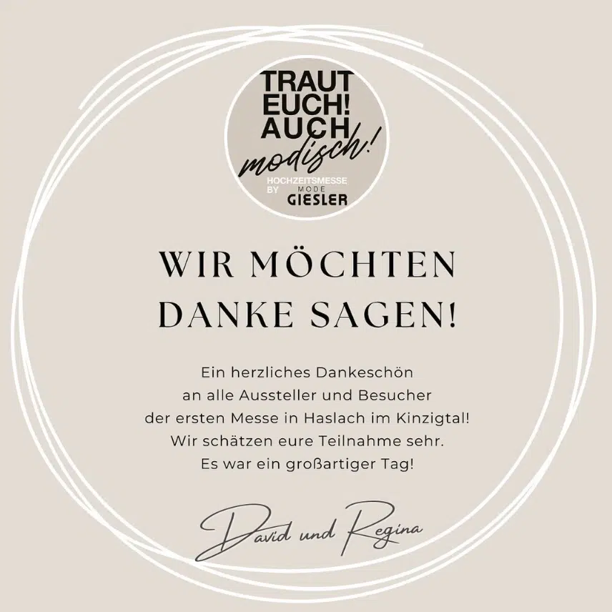 Beige Grafik mit schwarzer Schrift und weißen Kreisen zum Dank an alle Austeller und Besucher der ersten messe in Haslach im Kinzigtal
